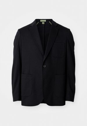 Black single-breasted blazer with notch lapels, three patch pockets, and one button closure, displayed on a white background.