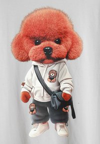 Gráfico de un perro de peluche con pelaje rojo esponjoso, vistiendo una sudadera blanca y pantalones de chándal grises, sosteniendo una bolsa negra con parches de oso.