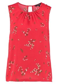 Blusa rossa senza maniche con stampa floreale, scollatura arricciata e dettaglio a chiave orizzontale sul retro. Tessuto morbido e leggero.