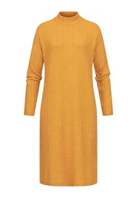 Žlté rebrované pletené šaty s vysokým golierom a dlhými rukávmi. Jednoduchý, rovný dizajn s štruktúrovaným povrchom. Šaty sú strednej dĺžky.