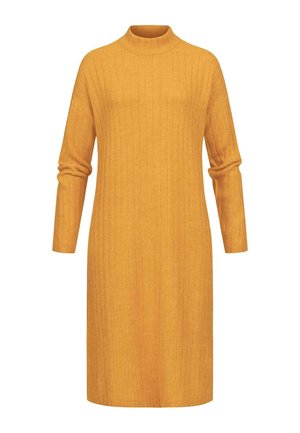 Gelbes, geripptes Strickkleid mit hohem Kragen und langen Ärmeln. Einfaches, gerades Design mit strukturierter Oberfläche. Mittellange Silhouette.