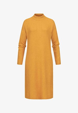Geel geribbelde gebreide jurk met een hoge hals en lange mouwen. Eenvoudig, recht ontwerp met een gestructureerde afwerking. Middenlange silhouet.