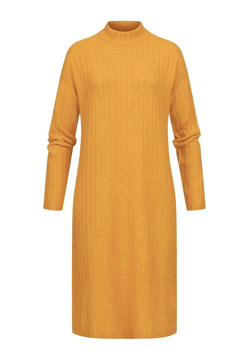 Žlté rebrované pletené šaty s vysokým golierom a dlhými rukávmi. Jednoduchý, rovný dizajn s štruktúrovaným povrchom. Šaty sú strednej dĺžky.