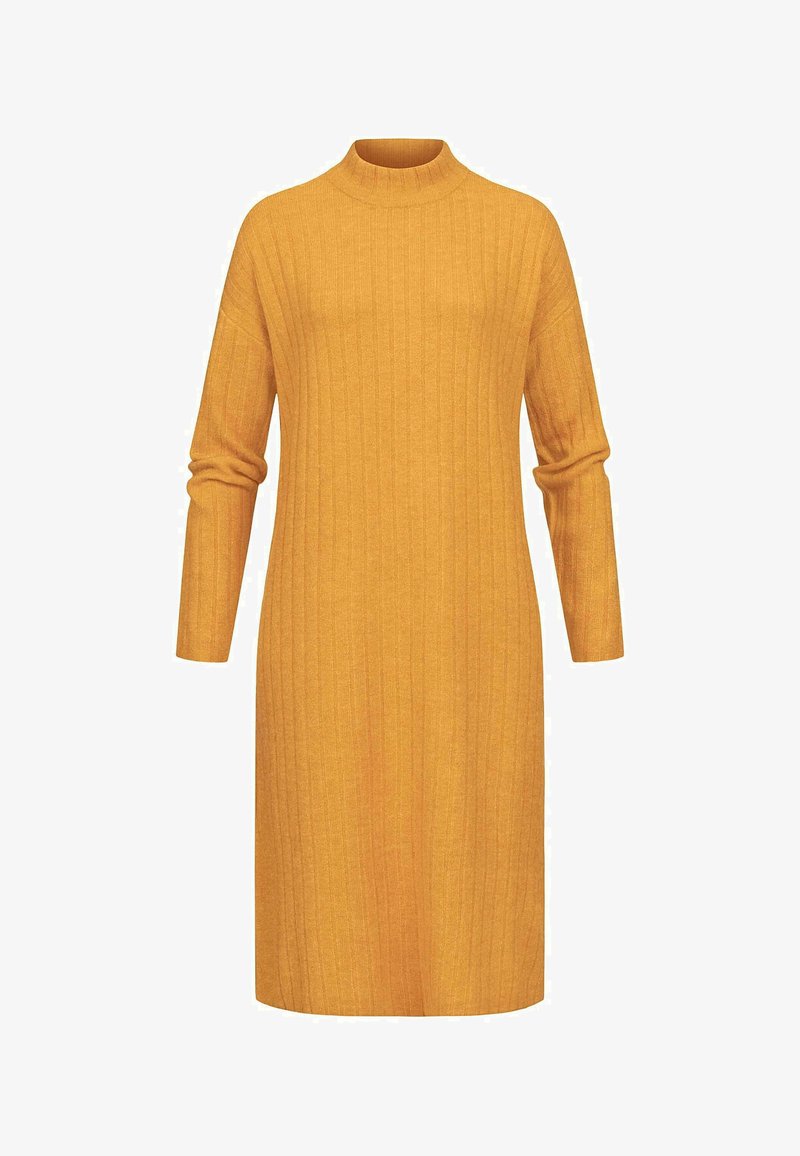 Žlté rebrované pletené šaty s vysokým golierom a dlhými rukávmi. Jednoduchý, rovný dizajn s štruktúrovaným povrchom. Šaty sú strednej dĺžky.