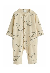 Bebisoverall i mjukt, beige tyg med ett upprepande tryck av svarta björnar. Den har långa ärmar, knappstängning och två framfickor.