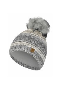 Knit beanie in shades of gray and cream with a faux fur pom-pom on top. Features a textured pattern and a small logo tag. Soft lining inside.