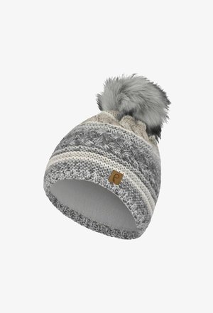 Knit beanie in shades of gray and cream with a faux fur pom-pom on top. Features a textured pattern and a small logo tag. Soft lining inside.