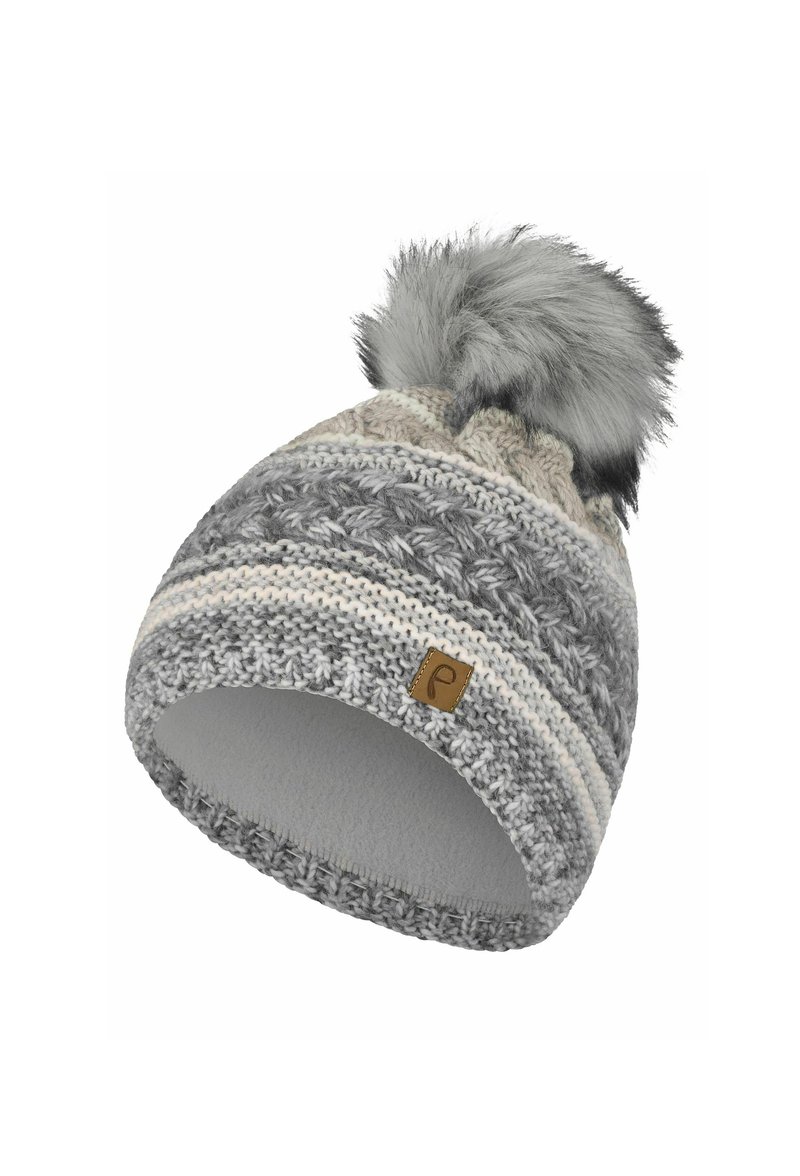 Knit beanie in shades of gray and cream with a faux fur pom-pom on top. Features a textured pattern and a small logo tag. Soft lining inside.