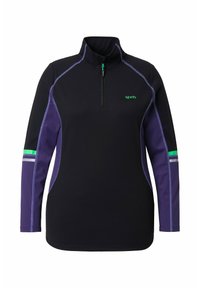 Černo-fialový sportovní pulovr s dlouhým rukávem a čtvrtzipem, zelené a šedé pruhy na rukávech a malé zelené logo "sprts" na hrudi.
