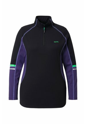 Musta ja purppuranvärinen pitkähihainen urheilupulloveri, jossa on neljänneksen mittainen vetoketju, vihreät ja harmaat raidat hihoissa sekä pieni vihreä "sprts"-logo rinnassa.