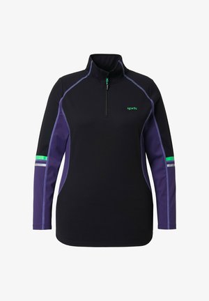 Pullover de sport à manches longues noir et violet avec zip quart de longueur, rayures vertes et grises sur les manches, et petit logo vert "sprts" sur la poitrine.