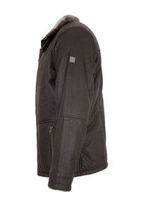 Schwarze Lederjacke mit einem Kragen aus Kunstfell, Frontreißverschluss, seitlichen Taschen und einer glatten Textur. Verfügt über ein kleines, quadratisches Logo auf dem linken Ärmel.