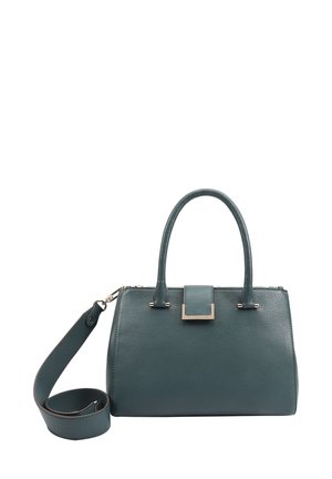 Türkise Lederhandtasche mit oberen Griffen und einem abnehmbaren Schultergurt. Verfügt über einen Metallverschluss und eine strukturierte Oberfläche.