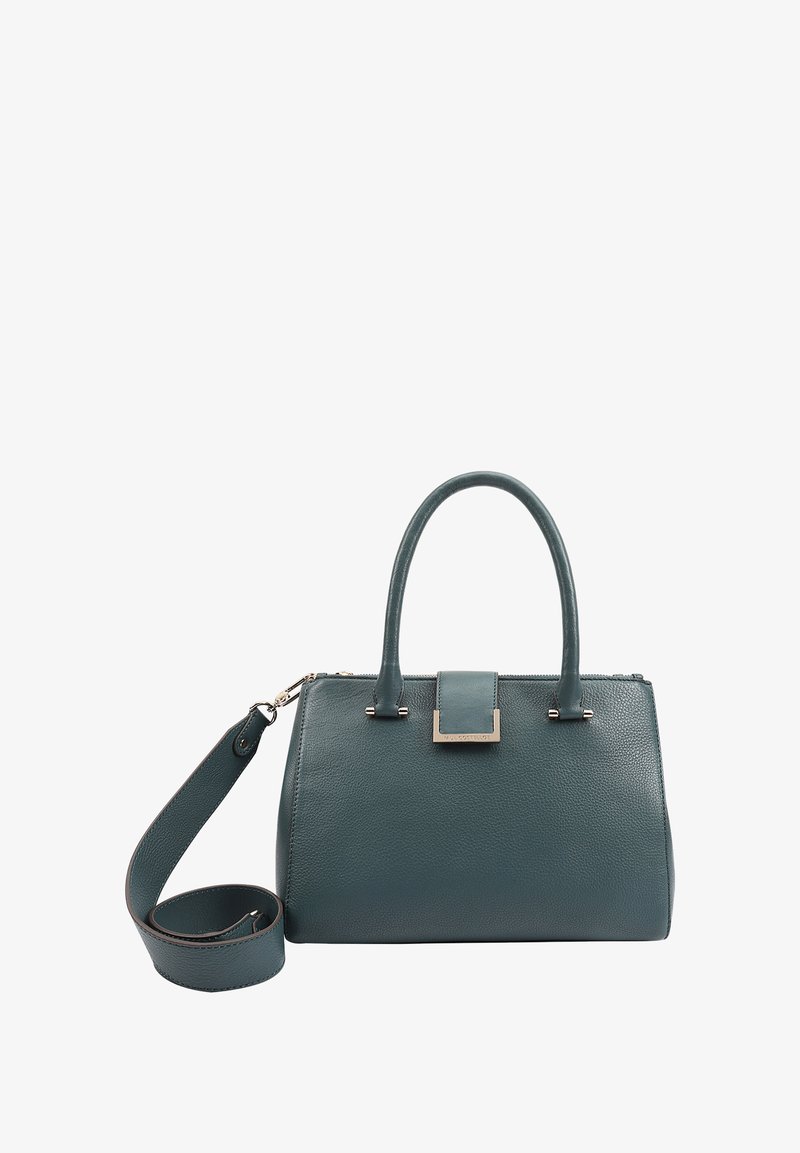 Teal leren handtas met bovenhandvatten en een afneembare schouderband. Voorzien van een metalen sluiting en een gestructureerd oppervlak.