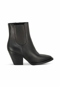 Stivale alla caviglia in pelle nera con punta appuntita, pannelli laterali elasticizzati e tacco largo. Texture liscia con dettagli di cucitura minimali.