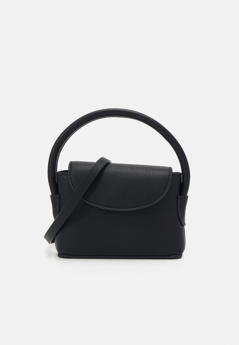 Black leather handbag with a rounded top handle and a removable shoulder strap. Features a curved flap closure and textured surface.