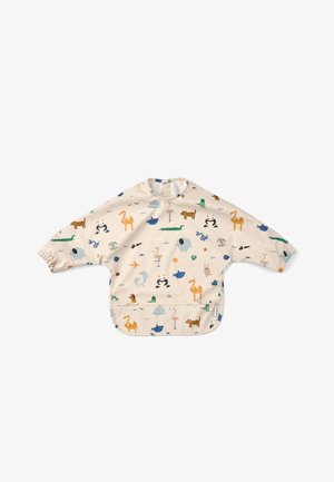 Μακρυμάνικο μπεζ σαλιάρα με ελαστικούς μανσέτες και παιχνιδιάρικες εκτυπώσεις ζώων, συμπεριλαμβανομένων πάντων, καμηλών, ελεφάντων, δελφινιών και τίγρεων.