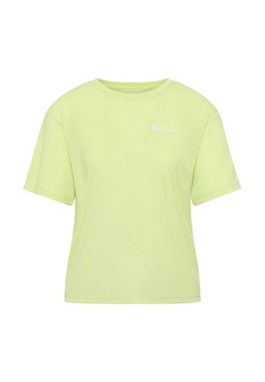 Hellgrünes T-Shirt aus Baumwolle mit Rundhalsausschnitt, kurzen Ärmeln und einem kleinen Logo auf der linken Brust.