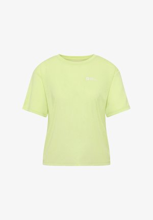 Hellgrünes T-Shirt aus Baumwolle mit Rundhalsausschnitt, kurzen Ärmeln und einem kleinen Logo auf der linken Brust.