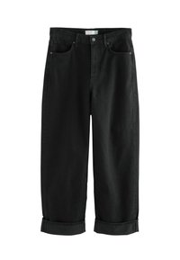 Svarta denimbyxor med rak benform, hög midja, uppvikta fållar och klassisk femficksdesign. Slät textur, robust tyg.