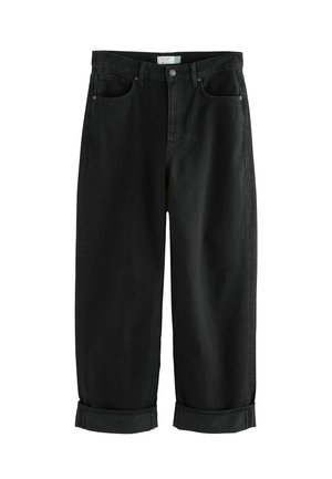 Pantaloni in denim nero con taglio dritto, caratterizzati da una vita alta, orli arrotolati e design classico a cinque tasche. Tessuto liscio e resistente.