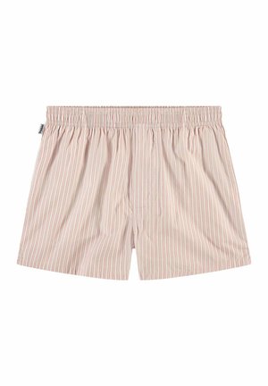 Boxers de algodón a rayas en rosa pálido y blanco, con una cinturilla elástica y un corte holgado, con rayas verticales a lo largo de la tela.