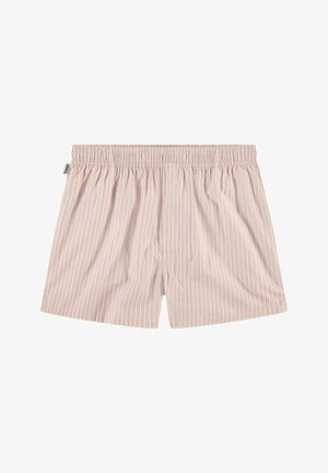 Pruhované bavlněné boxerky v jemně růžové a bílé barvě, s elastickým pasem a volným střihem, se svislými pruhy na látce.