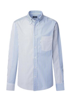 Chemise à rayures avec des rayures verticales bleues et blanches, une poche poitrine et un col classique. Tissu en coton avec une texture lisse.