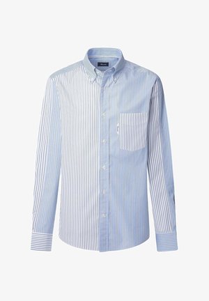 Gestreepte overhemden met verticale blauwe en witte strepen, een borstzak en een klassieke kraag. Katoenen stof met een gladde textuur.