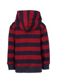 Punainen ja laivastonsininen raidallinen huppari, jossa on etutasku, ribbaatut hihansuut ja helma sekä kiristysnaruhuppu. Pehmeä puuvillasekoitemateriaali.