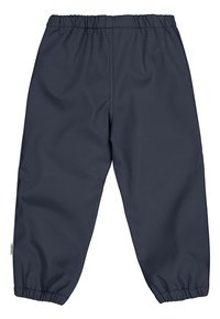 Mörkblå vattentäta byxor med elastisk midja och samlade mudd. Slät textur, lätt material, designat för komfort och flexibilitet.