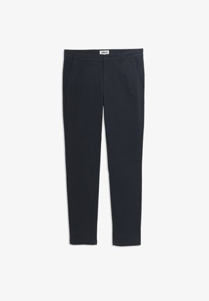 Námořnické modré kalhoty vyrobené z měkké bavlny, s plochým předním dílem, dvěma bočními kapsami, knoflíkovým zapínáním a vypasovaným střihem.