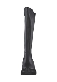 Bota negra de cuero hasta la rodilla con punta redonda, costura mínima y cremallera lateral para facilitar su uso. Suela plana de goma negra.