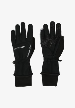 Schwarze isolierte Handschuhe mit elastischen Handgelenksbündchen, strukturiertem Griff an Handflächen und Fingern und "ENDURANCE" auf der Rückseite eines Handschuhs.