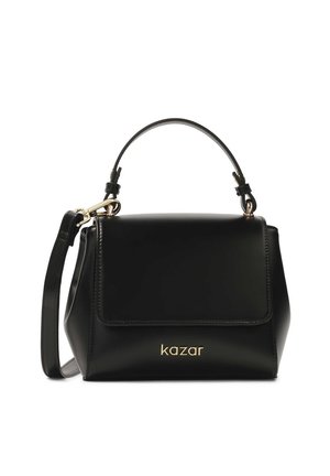Black leather handbag with a structured design, top handle, detachable shoulder strap, gold hardware, and embossed logo on the front.