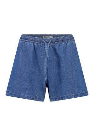 Blauwe denimshorts met elastische tailleband en voorste trekkoord, casual stijl, met label "America Today."