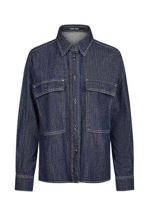 Dark blue denim button-up shirt with long sleeves, two chest flap pockets, and contrasting white stitching.