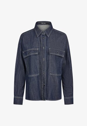 Dark blue denim button-up shirt with long sleeves, two chest flap pockets, and contrasting white stitching.
