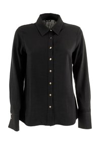 Camicia nera a bottone realizzata in tessuto leggero. Presenta un colletto classico, maniche lunghe e dettagli in bottoni dorati lungo la parte anteriore.