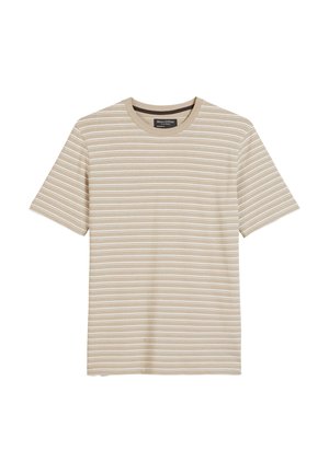 Beige short-sleeve t-shirt with thin white horizontal stripes. Features a round neckline and soft fabric texture. Simple and casual design.