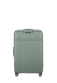 Hard-shell suitcase in muted green, textured surface, and double wheels. Features a top handle and secure latch for easy transport.