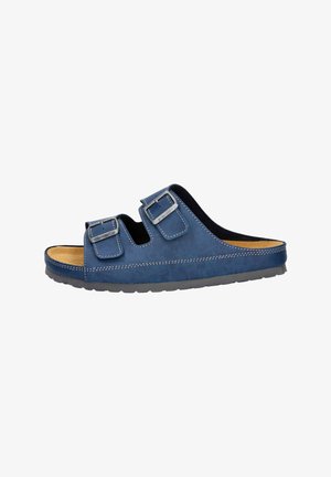 Blaue offene Sandale mit zwei verstellbaren Metall-Buckles und einem konturierten, kastanienbraunen Fußbett auf einer flachen grauen Sohle.