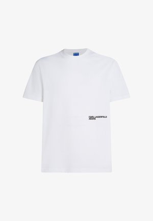 Fehér pamut póló kerek nyakkivágással, rövid ujjak, bal oldalon fekete "KARL LAGERFELD JEANS" felirattal. Sima textúra.