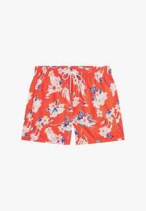 Piros virágmintás fürdőnadrág, állítható derékkal, nagy fehér és kék virágokkal, könnyű és sima anyagból.