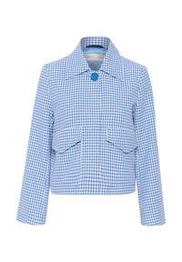 Chaqueta a cuadros en azul y blanco con cuello, cierre frontal de botones y dos bolsillos en el pecho. Hecha de una tela texturizada. Mangas largas.