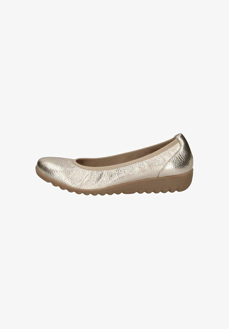 Ballerine plate argentée métallique à texture lisse, bout rond et semelle en caoutchouc flexible, présentant un design épuré sans ornements visibles.