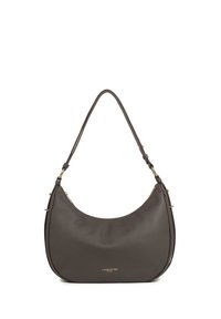 Sac à épaule en cuir gris foncé au forme incurvée, avec des accents en métal doré et une fermeture à glissière. Dispose d'une seule bandoulière réglable.