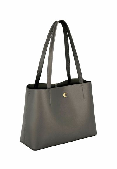 Sac cabas rectangulaire gris avec doubles anses épaules et petit logo croissant en or sur le côté avant.