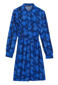 Abito con stampa di serpente blu, maniche lunghe, colletto e vita con lacci. Presenta una chiusura frontale con bottoni e un design di tessuto testurizzato.