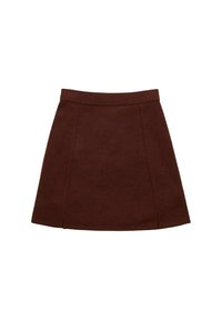 Hnědá kordurová mini sukně s plochým pasem, tvar A a vertikálními švy pro strukturu. Bez kapes nebo zdobení.